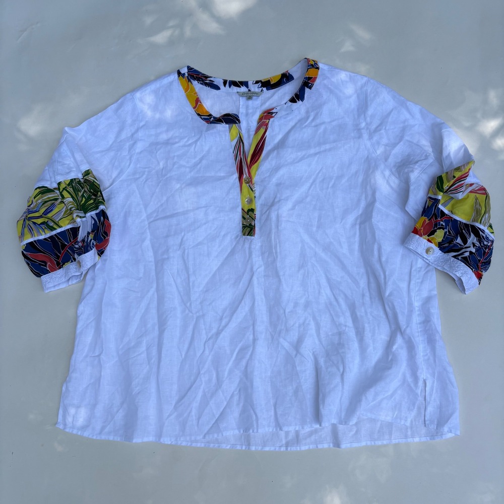 John Mark White 100% Linen Tropical Floral Trim Split Neck Tunic Blouse Plus 3X